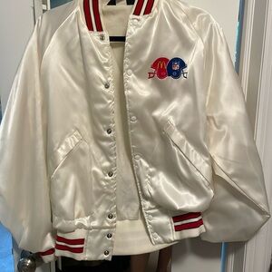 White satin varsity jacket with NFL & McDonalds logo